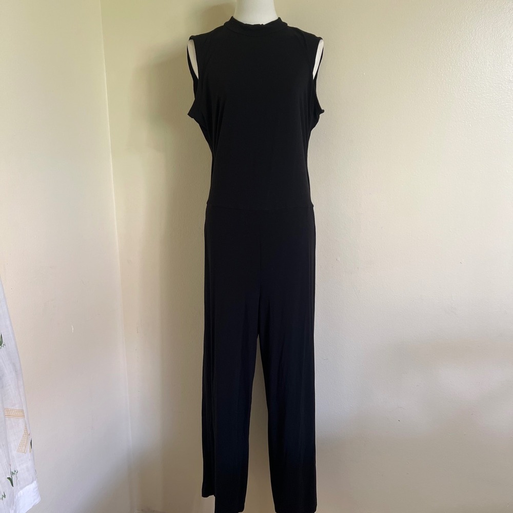 Eileen Fisher Black Sleeveless Mock Neck Jersey Knit Jumpsuit Womens Large L